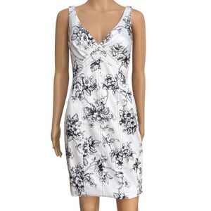 David Meister Womens Back Zip V Neck Floral Sheath Dress Black White Size 2